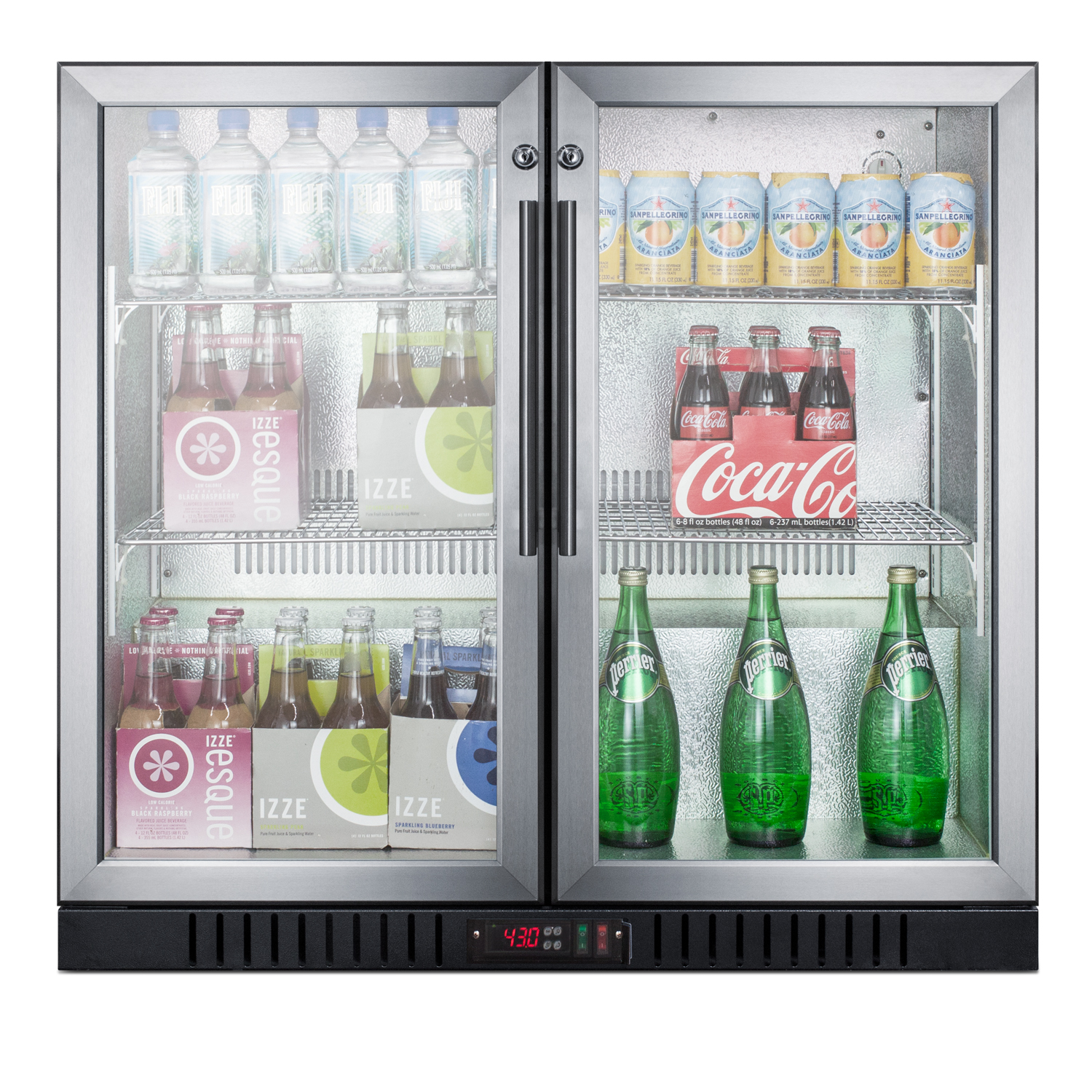 Commercial back bar beverage center for freestanding use, with self-closing French doors and stainless steel wrapped cabinet; replaces SCR7012DCSS